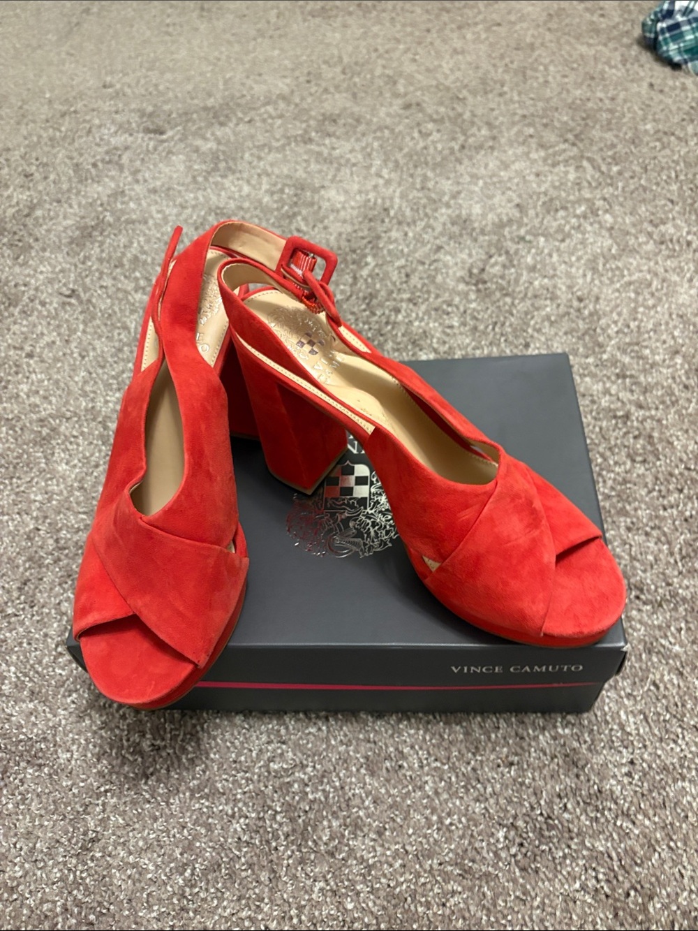 Vince Camuto Bright Red Suede Peep-Toe Block Heel Sandals
